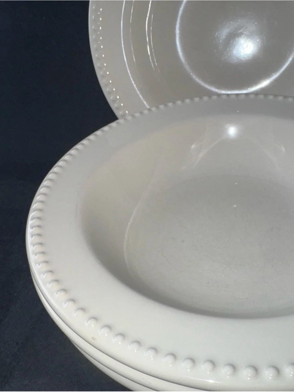 4 Pc Vintage Pottery Barn Emma Ivory Soup Pasta Bowl Beaded Portugal 9 1/2